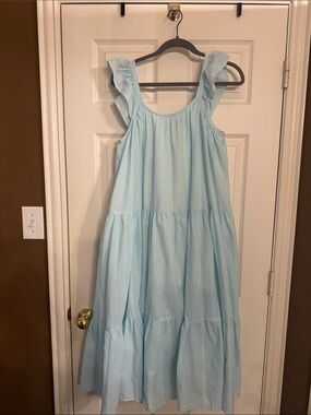 Womens Light Blue Ruffle Strap Tiered Summer Dress